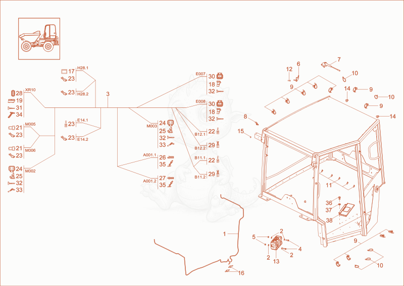 Exploded parts diagram of the CABIN FRAME (OPTION) of a Wacker Neuson DV100, with numbered balloons