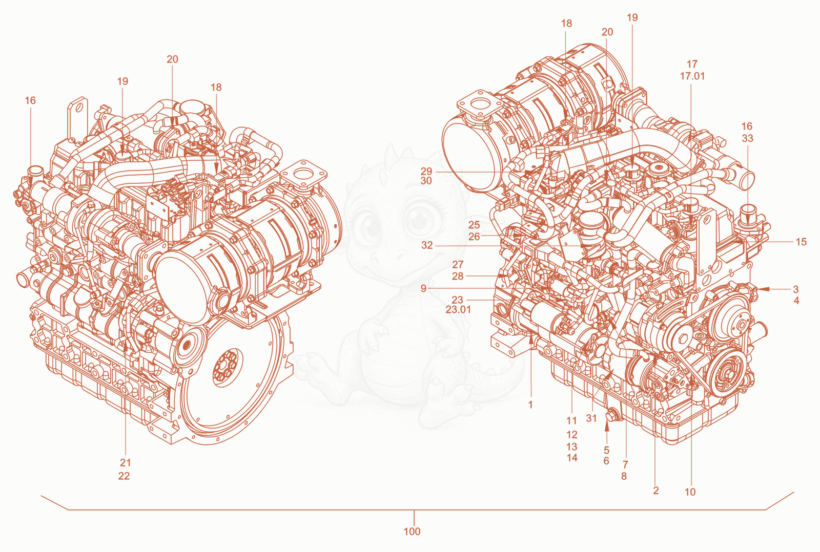 Exploded parts diagram of the pump drive and engine assembly of a Wacker Neuson RC50DPFCAB, with numbered balloons