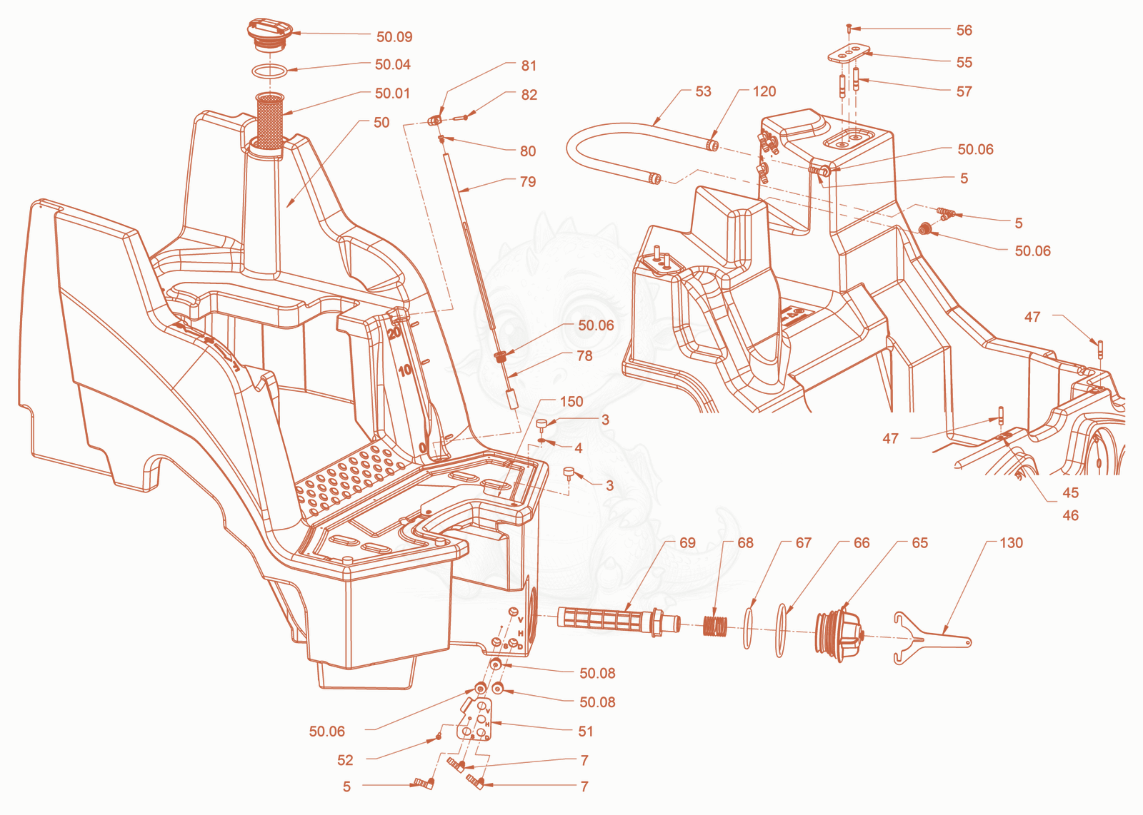 Exploded parts diagram of the sprinkling of a Wacker Neuson RD18-100SE, with numbered balloons