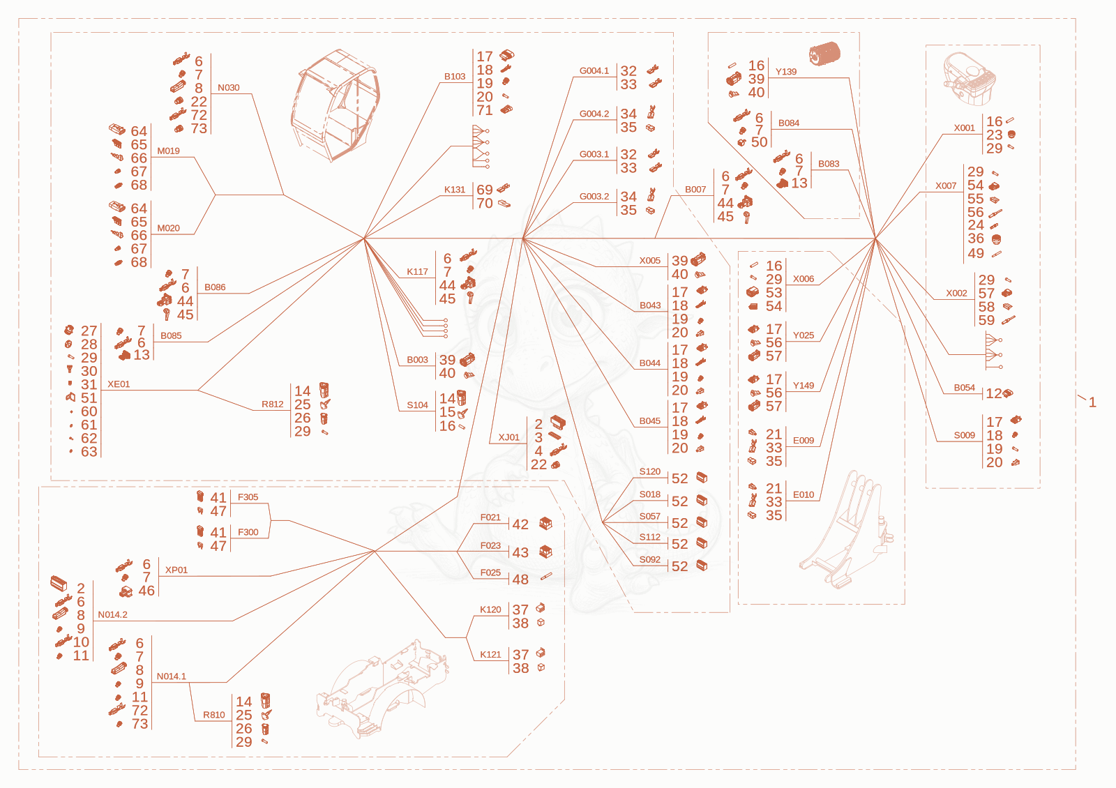 Exploded parts diagram of the main harness of a Wacker Neuson WL20E, with numbered balloons