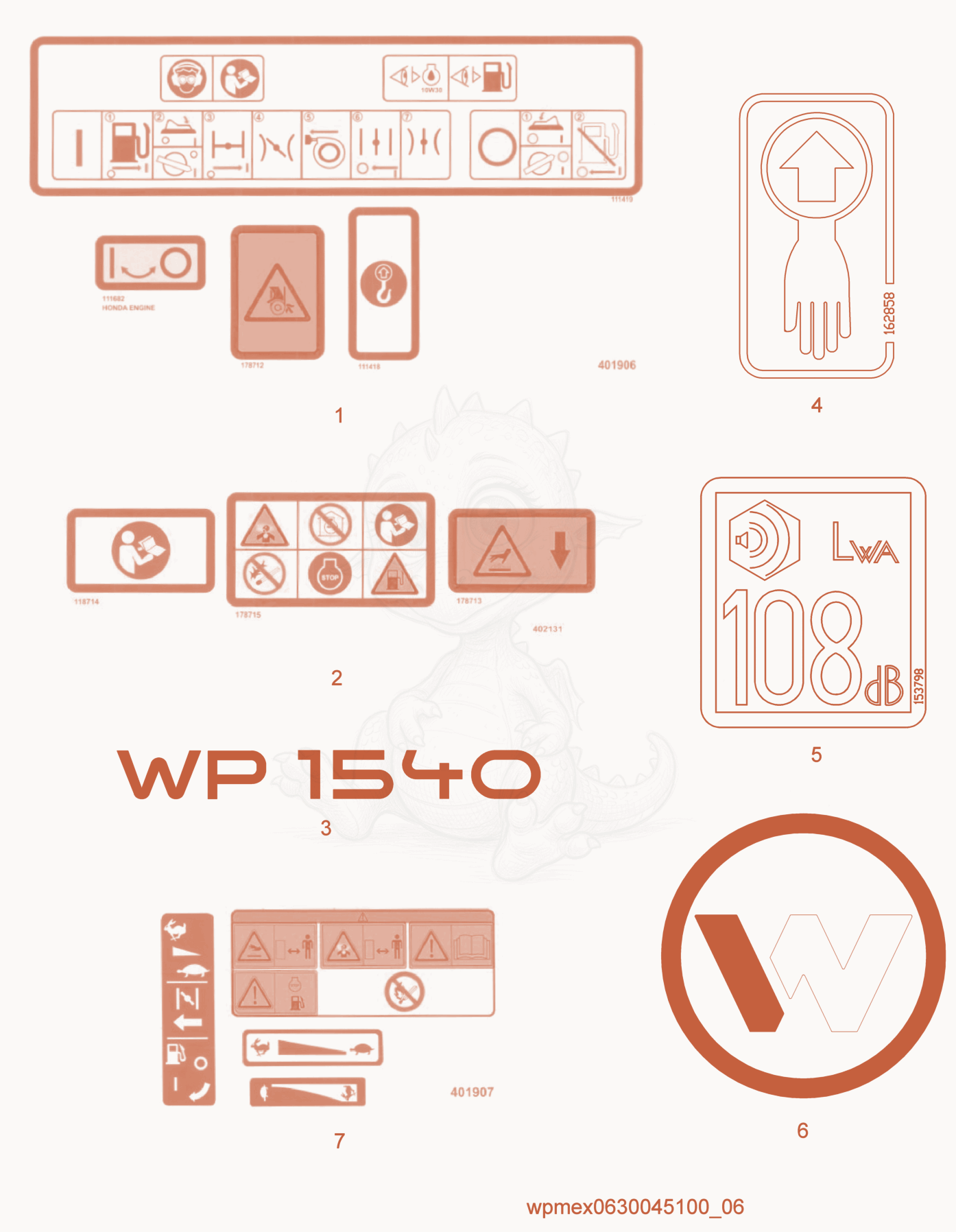 Exploded parts diagram of the Labels of a Wacker Neuson WP1540AW, with numbered balloons