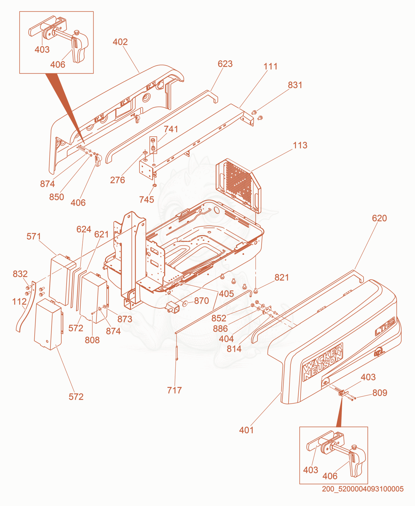 Exploded parts diagram of the Enclosure Panels of a Wacker Neuson LTN8K-LT, with numbered balloons