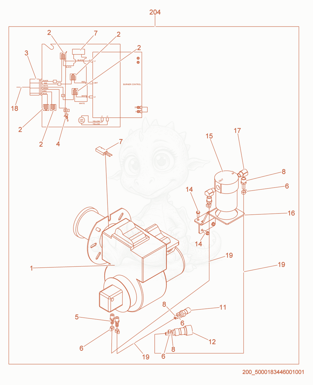 Exploded parts diagram of the Burner Option, Diesel of a Wacker Neuson HI750GMHD, with numbered balloons