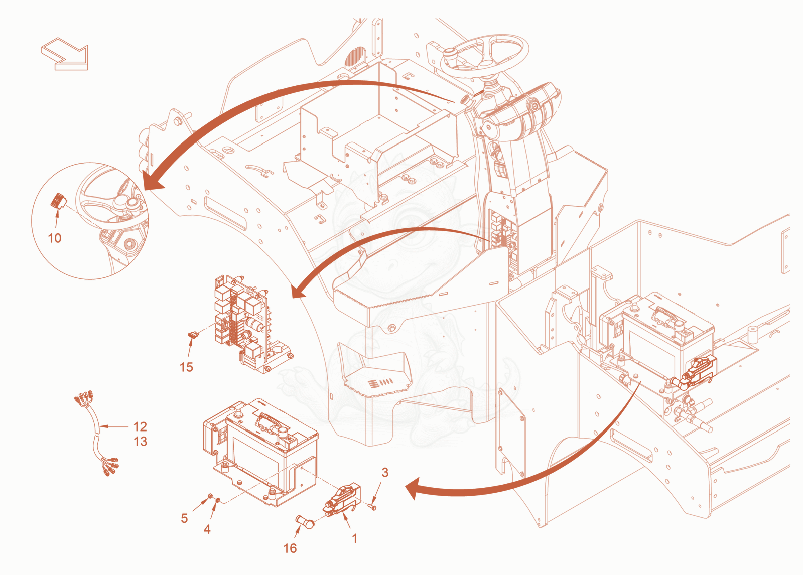 Exploded parts diagram of the battery isolating switch of a Wacker Neuson RD45-140, with numbered balloons