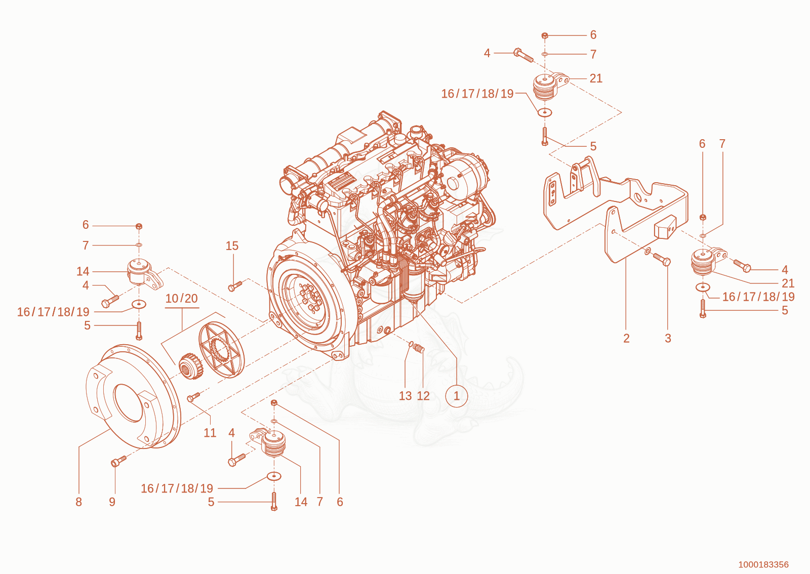 Despiece del Engine bedding de una máquina Wacker Neuson 1150, con globos numerados