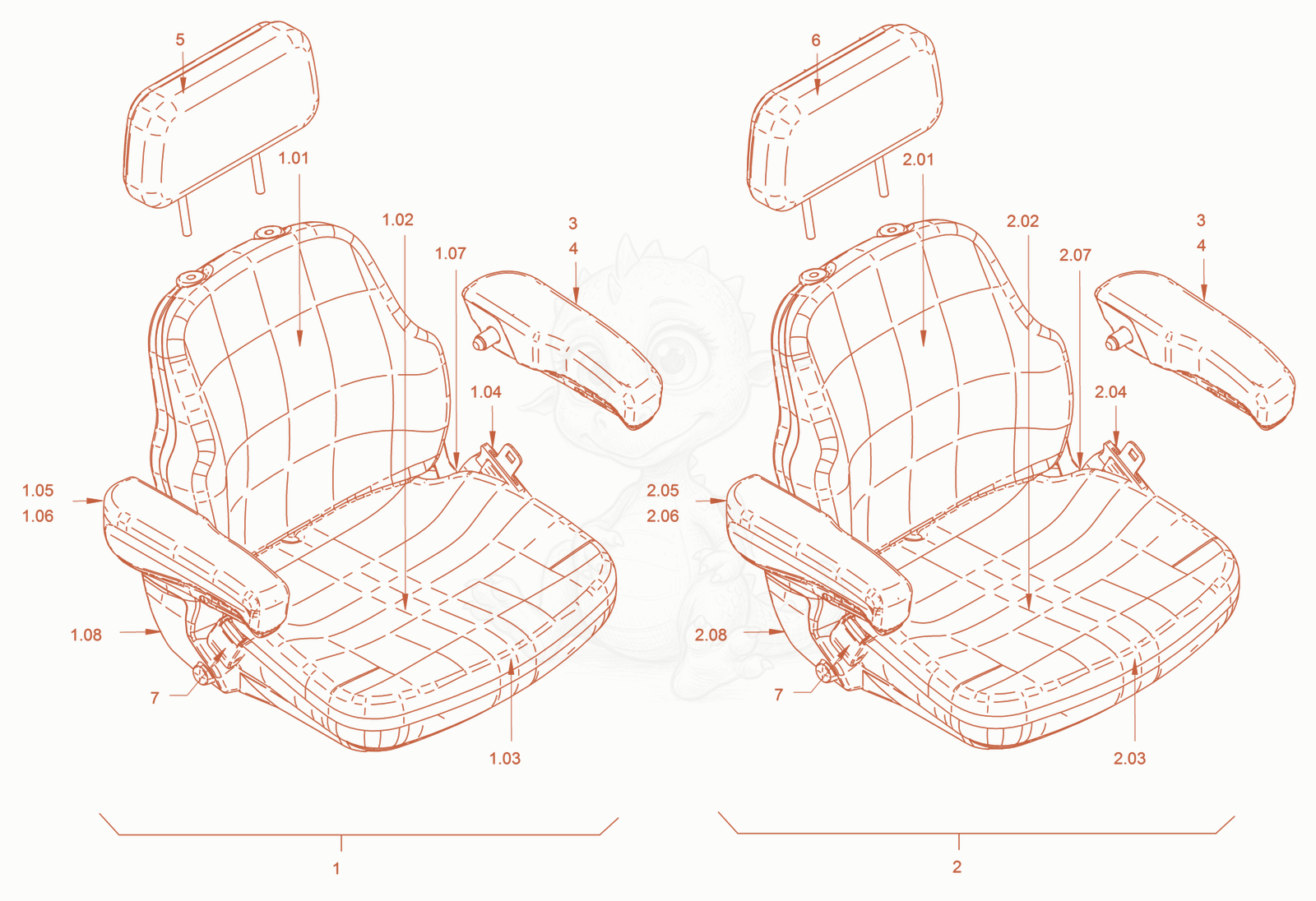 Exploded parts diagram of the Operator's Seat with Adjustment of a Wacker Neuson RC70VOUS, with numbered balloons