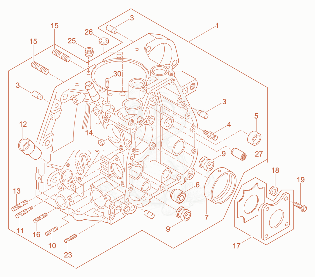 Exploded parts diagram of the Crankcase of a Wacker Neuson DPU4545HECHUS, with numbered balloons