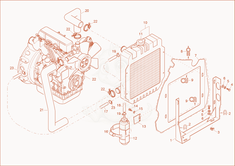 Exploded parts diagram of the water cooler of a Wacker Neuson 1902RD, with numbered balloons
