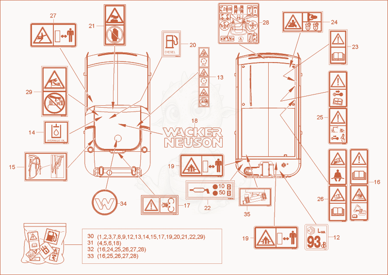 Exploded parts diagram of the STICKER PART 2 of a Wacker Neuson 2404, with numbered balloons