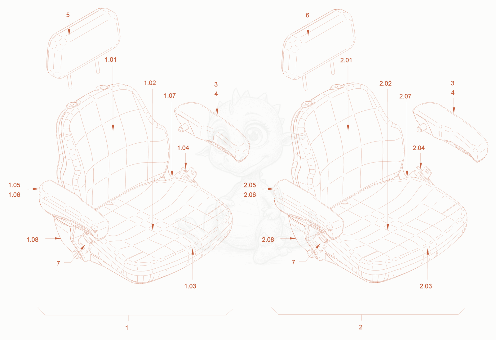 Exploded parts diagram of the operator's seat with adjustmen of a Wacker Neuson RC70PUS, with numbered balloons