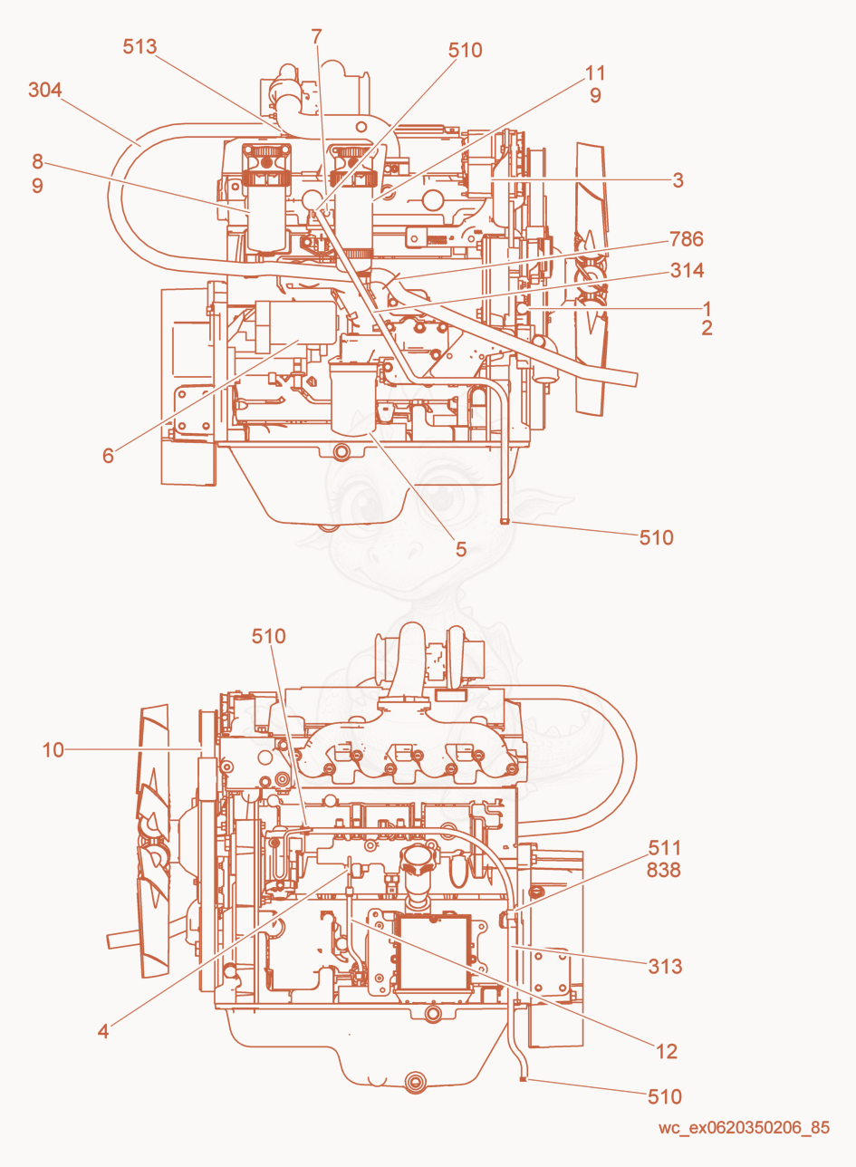 Exploded parts diagram of the Engine-Deere of a Wacker Neuson G70, with numbered balloons