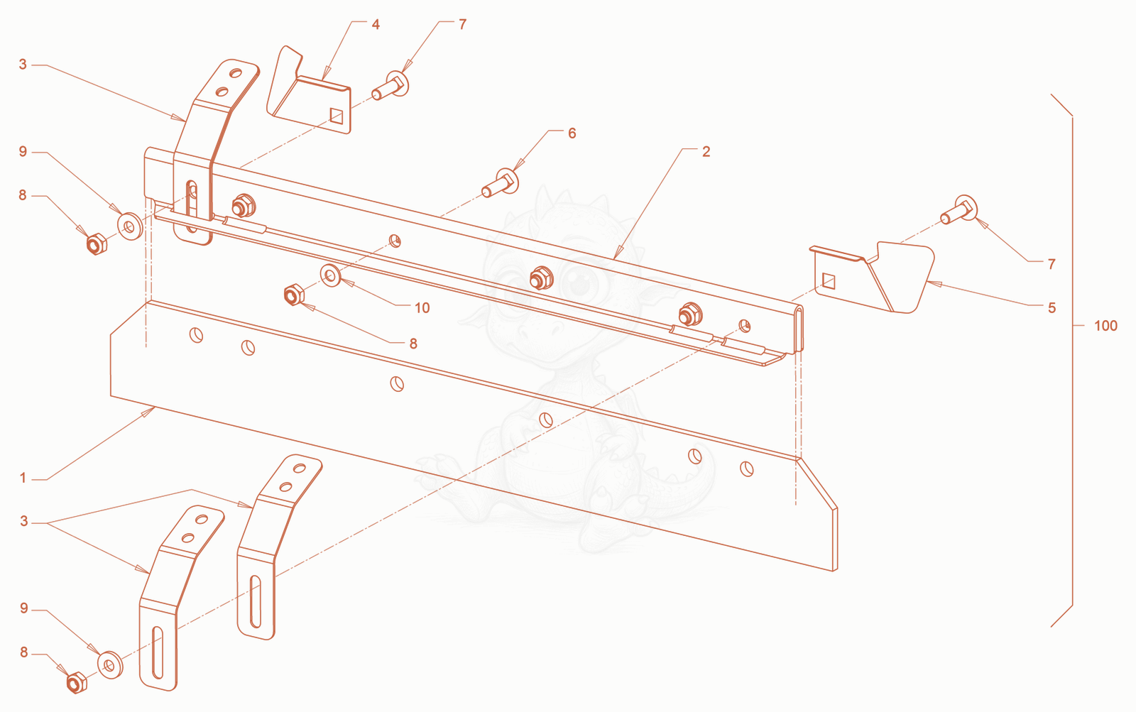 Exploded parts diagram of the scraper of a Wacker Neuson RD18-80SE, with numbered balloons