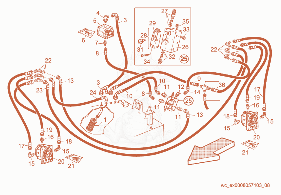 Exploded parts diagram of the Vibrating Hydraulic System of a Wacker Neuson RD15, with numbered balloons