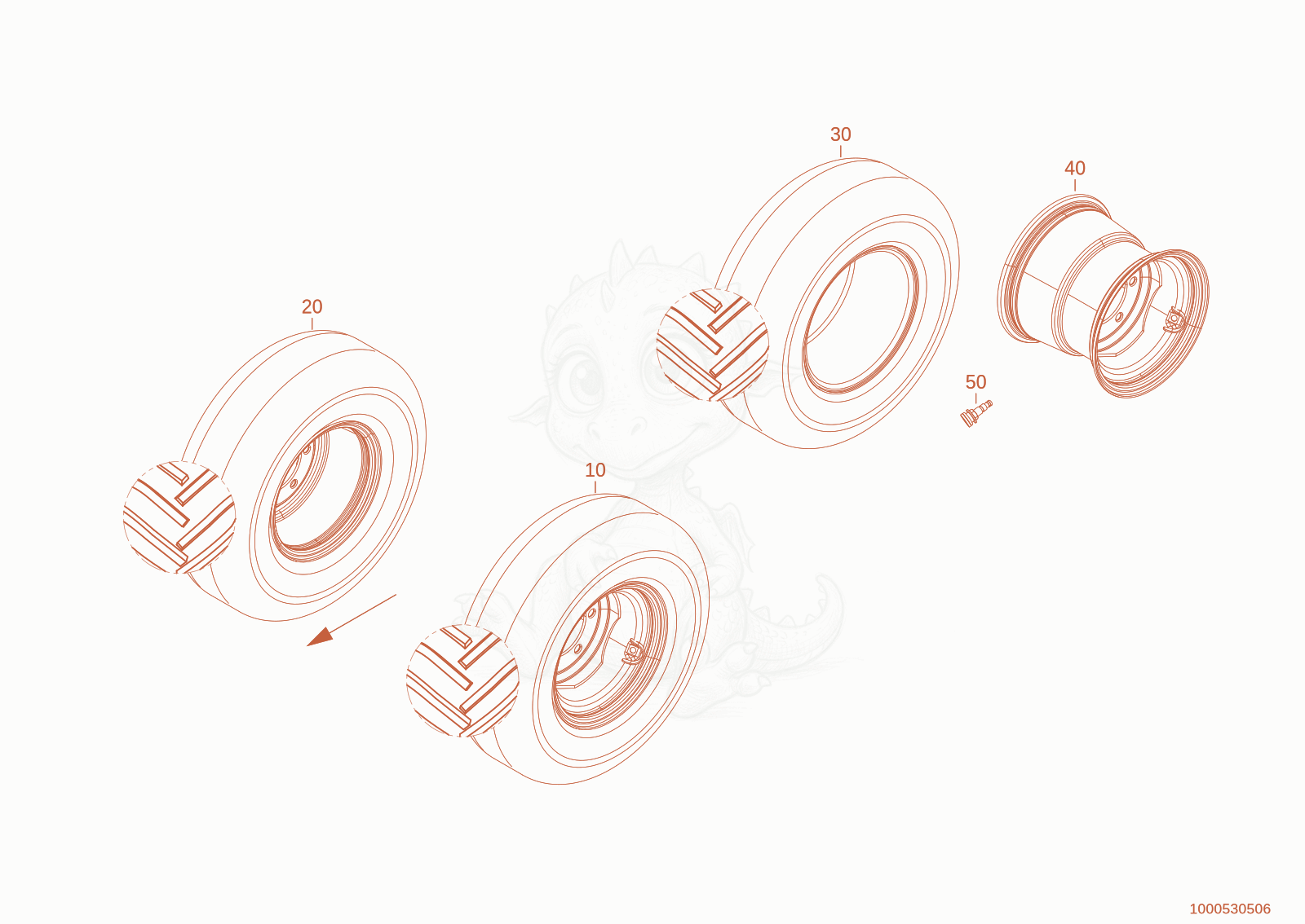 Exploded parts diagram of the wheel 31X15.5-15 ET0 of a Wacker Neuson TH412(T01-01), with numbered balloons