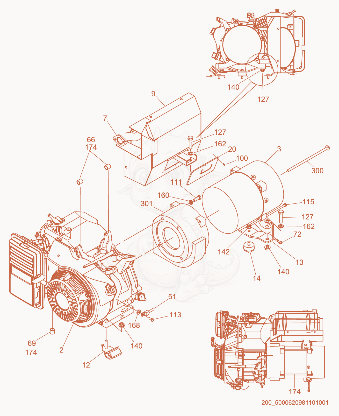 Despiece del Engine/Generator cpl. de una máquina Wacker Neuson GPS6600, con globos numerados