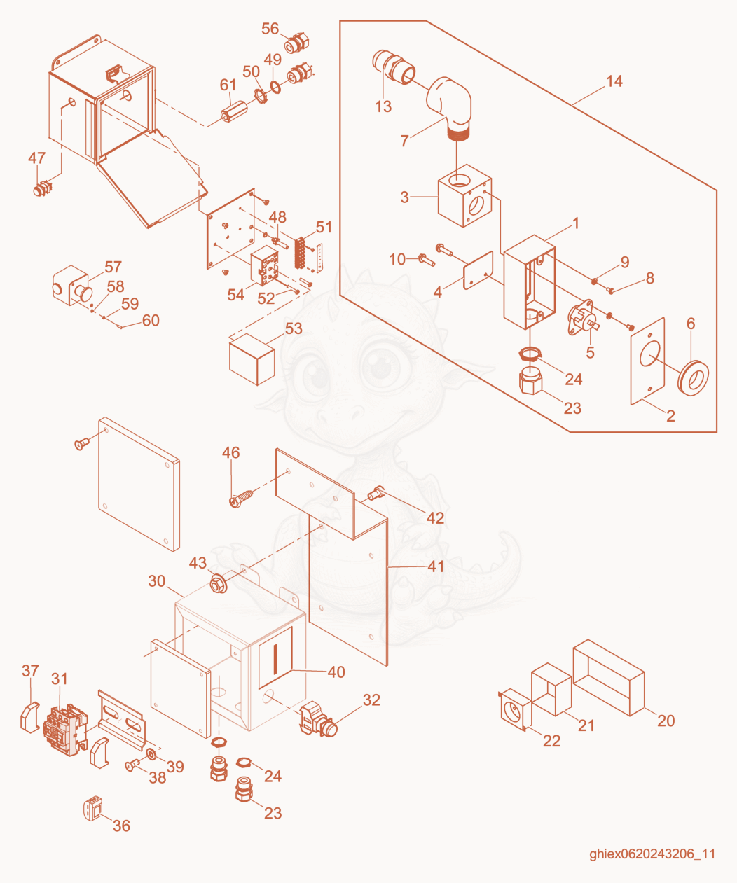 Exploded parts diagram of the Electrical Components of a Wacker Neuson E700M, with numbered balloons