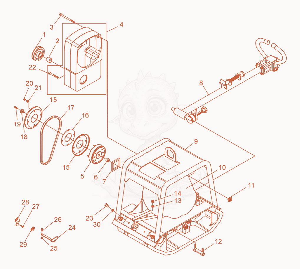 Exploded parts diagram of the Vibratory Plate cpl. of a Wacker Neuson DPU2950Y, with numbered balloons