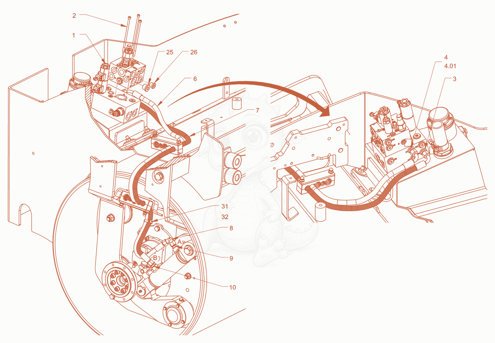 Exploded parts diagram of the hydraulic equipment of a Wacker Neuson RD28-120DPF, with numbered balloons