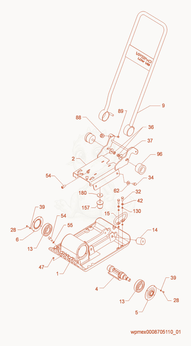 Despiece del Baseplate/Console cpl. de una máquina Wacker Neuson VP1340A, con globos numerados