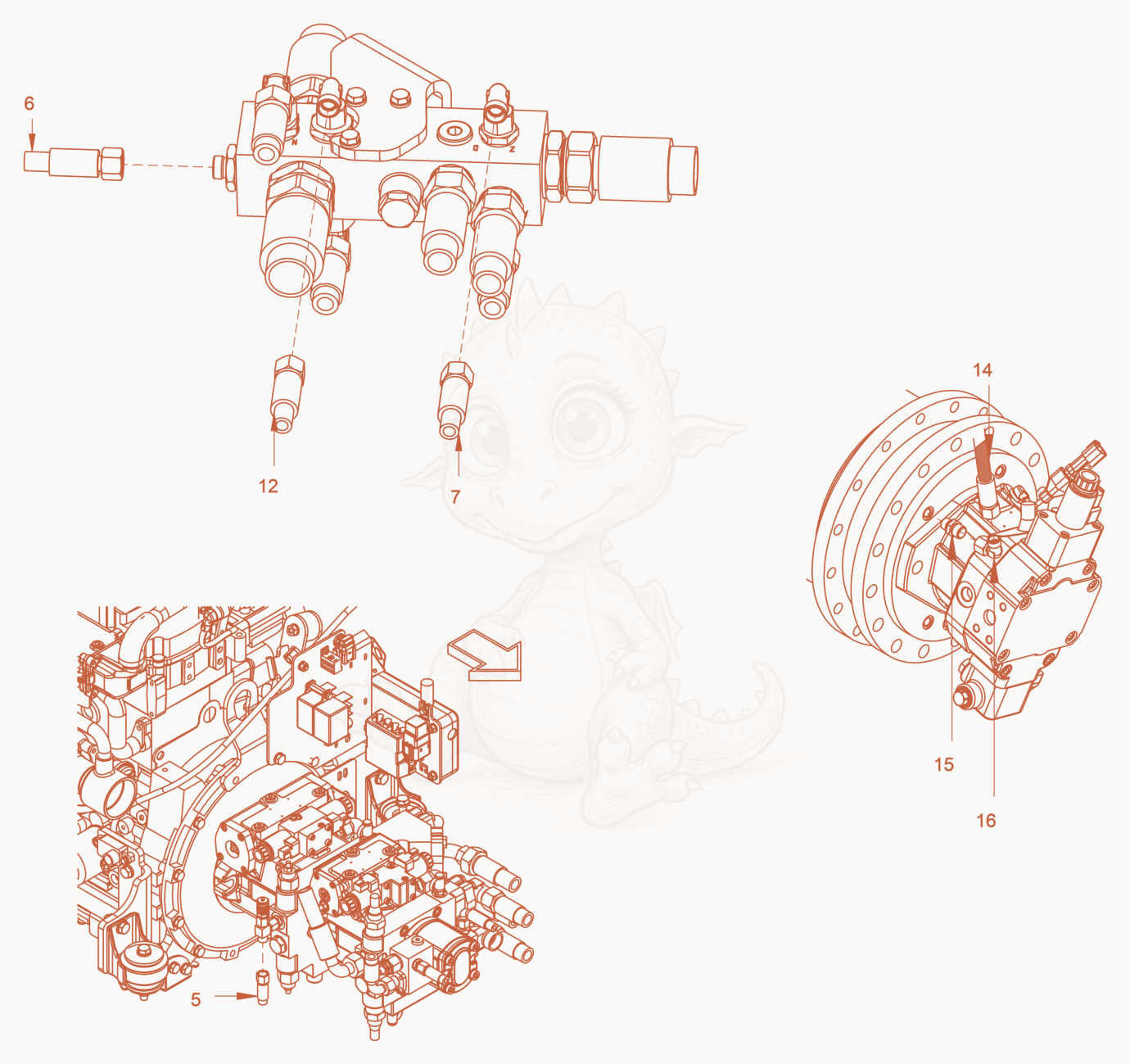 Exploded parts diagram of the brake hydraulics of a Wacker Neuson RC110P, with numbered balloons