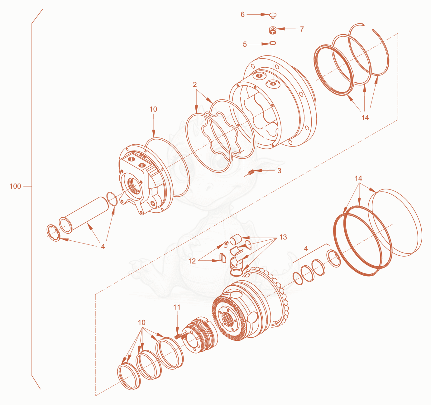 Exploded parts diagram of the gear hub motor of a Wacker Neuson RD40-130CDPF, with numbered balloons