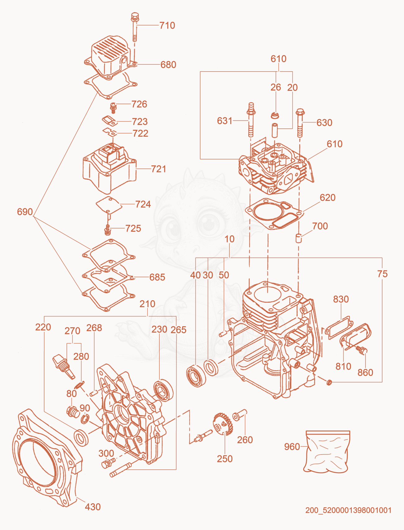 Exploded parts diagram of the Crankcase cpl. of a Wacker Neuson BS60-4, with numbered balloons