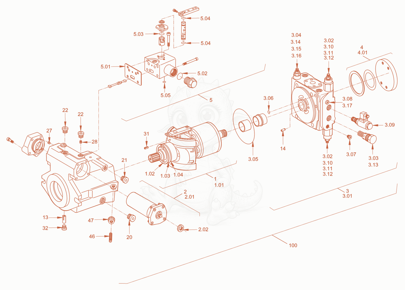 Exploded parts diagram of the variable displac. pump (drive) of a Wacker Neuson RC70PDPFROPS, with numbered balloons