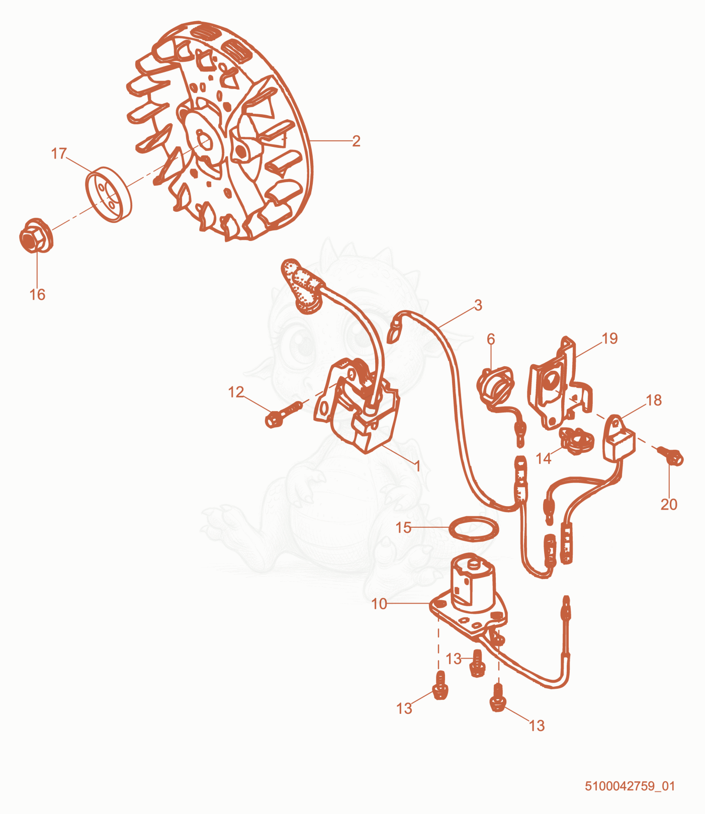 Exploded parts diagram of the Flywheel/Ignition Coil of a Wacker Neuson BV50A-H, with numbered balloons