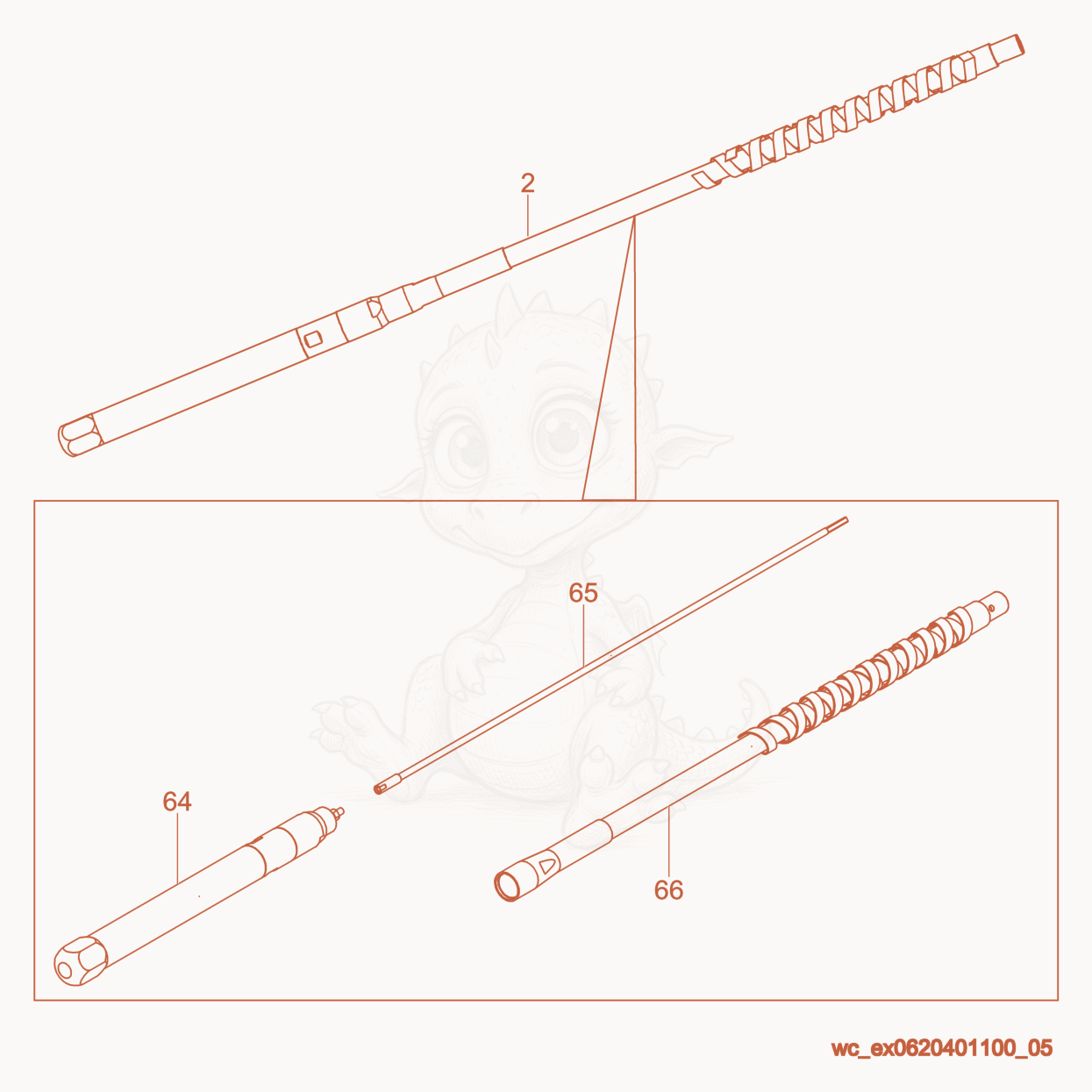 Exploded parts diagram of the Flexshaft of a Wacker Neuson PV35A, with numbered balloons