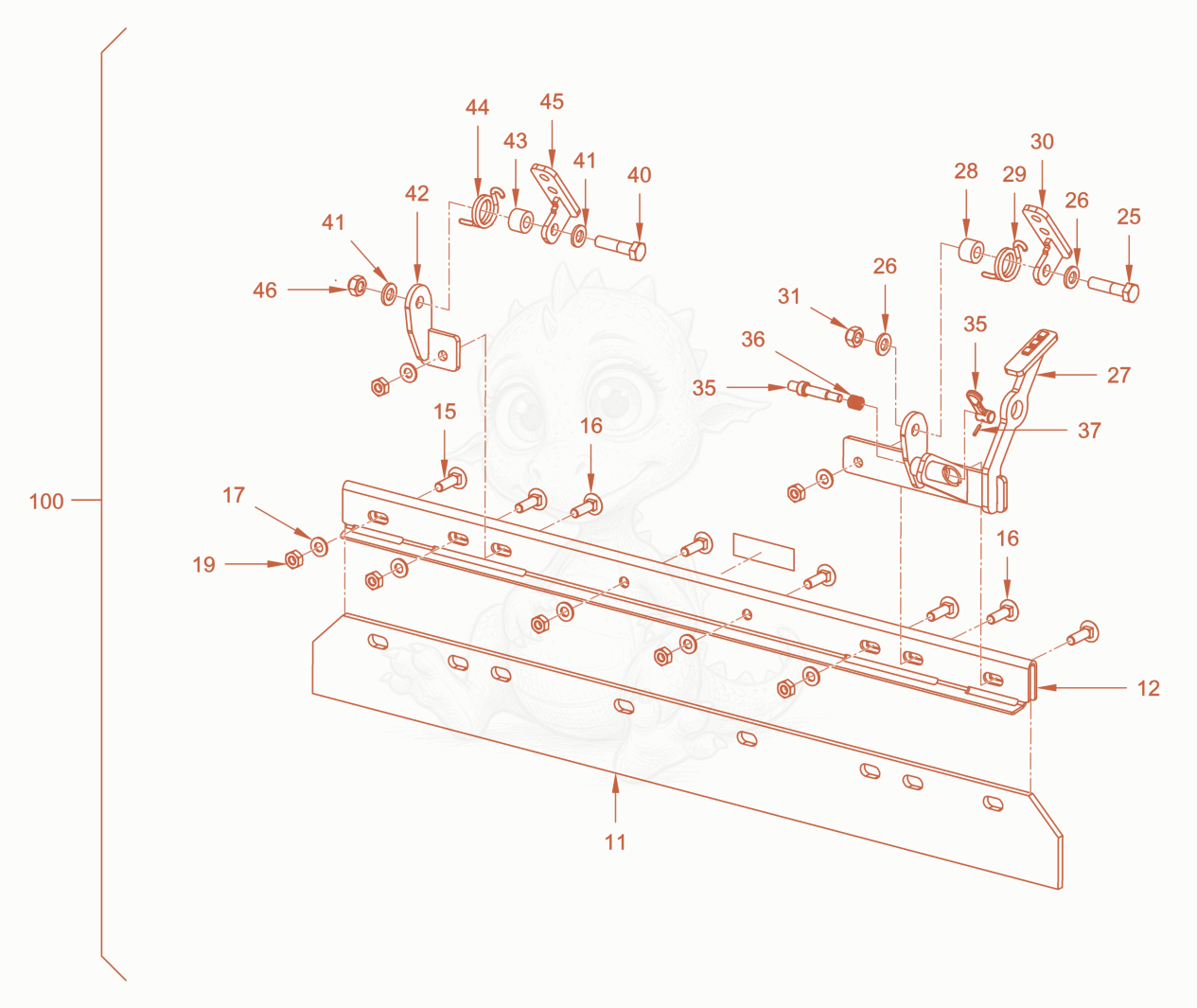 Exploded parts diagram of the foldable scraper of a Wacker Neuson RD24-100CE, with numbered balloons