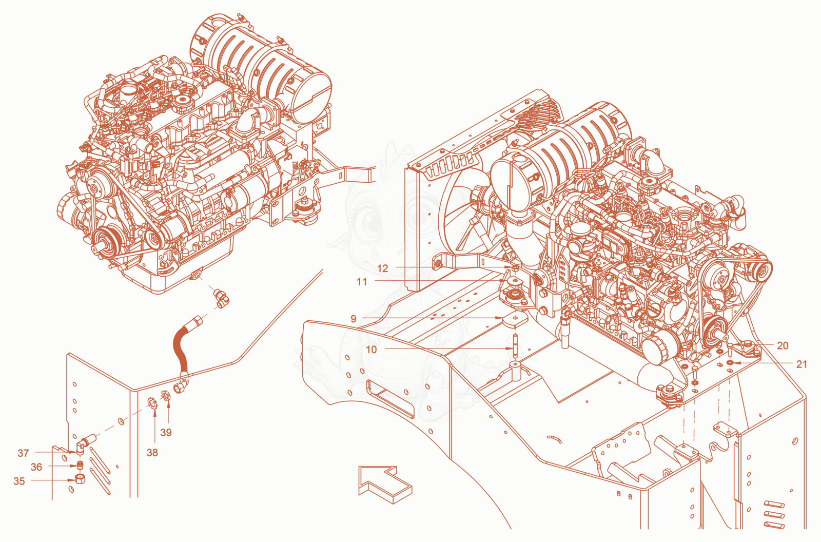 Exploded parts diagram of the pump drive and engine assembly of a Wacker Neuson RD45-140OUS, with numbered balloons