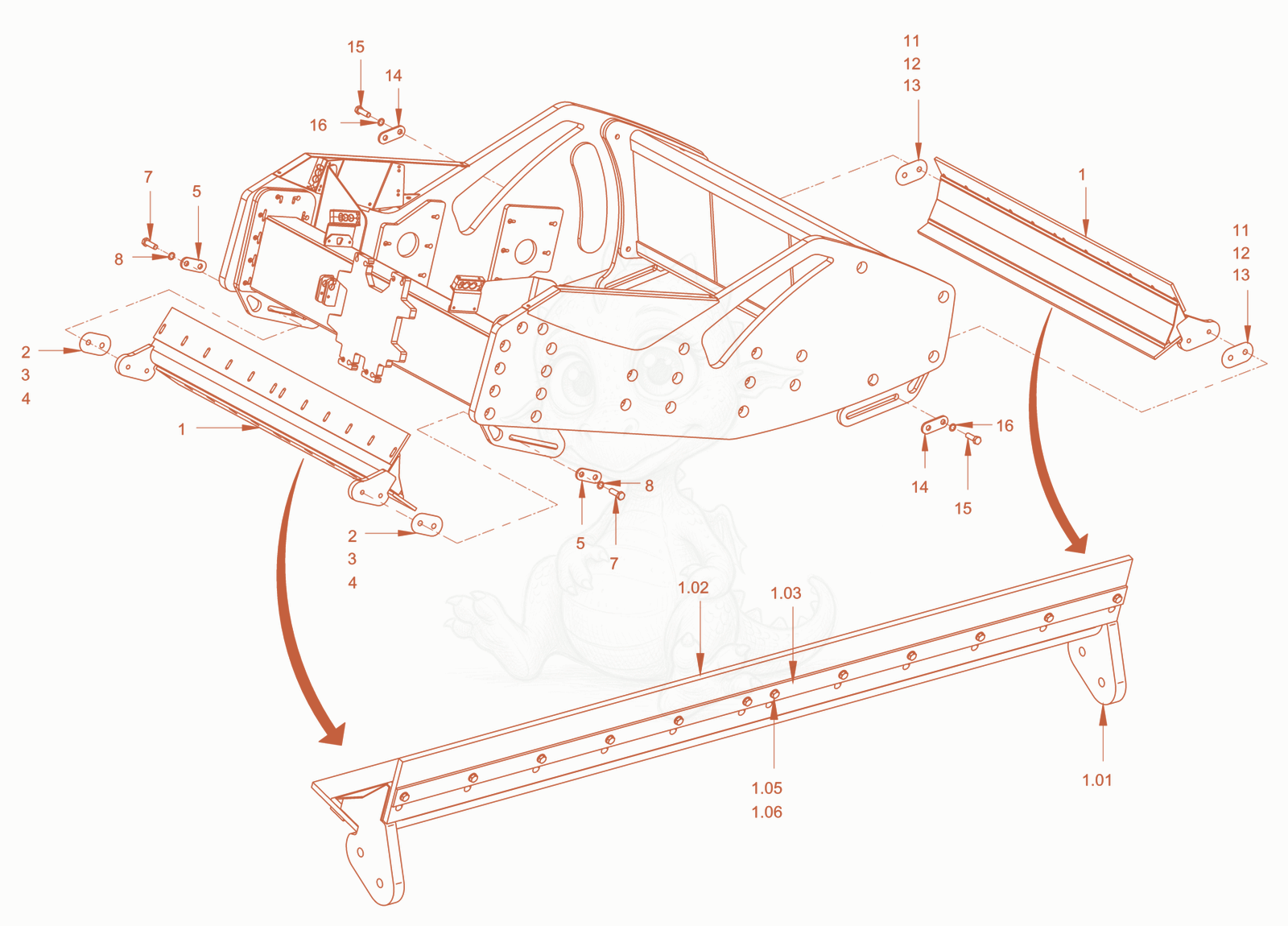 Exploded parts diagram of the v-scraper smooth roller drum of a Wacker Neuson RC110USROPS, with numbered balloons