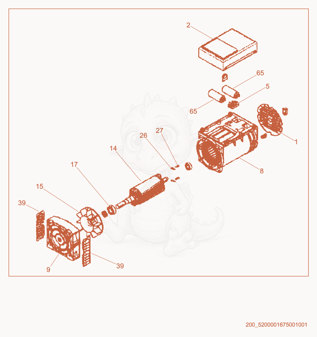 Exploded parts diagram of the Generator of a Wacker Neuson E1100, with numbered balloons