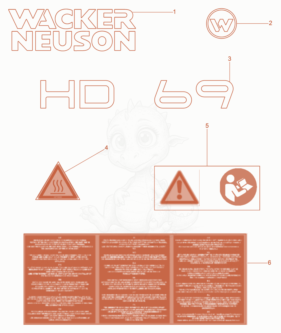 Exploded parts diagram of the Labels of a Wacker Neuson HD69, with numbered balloons