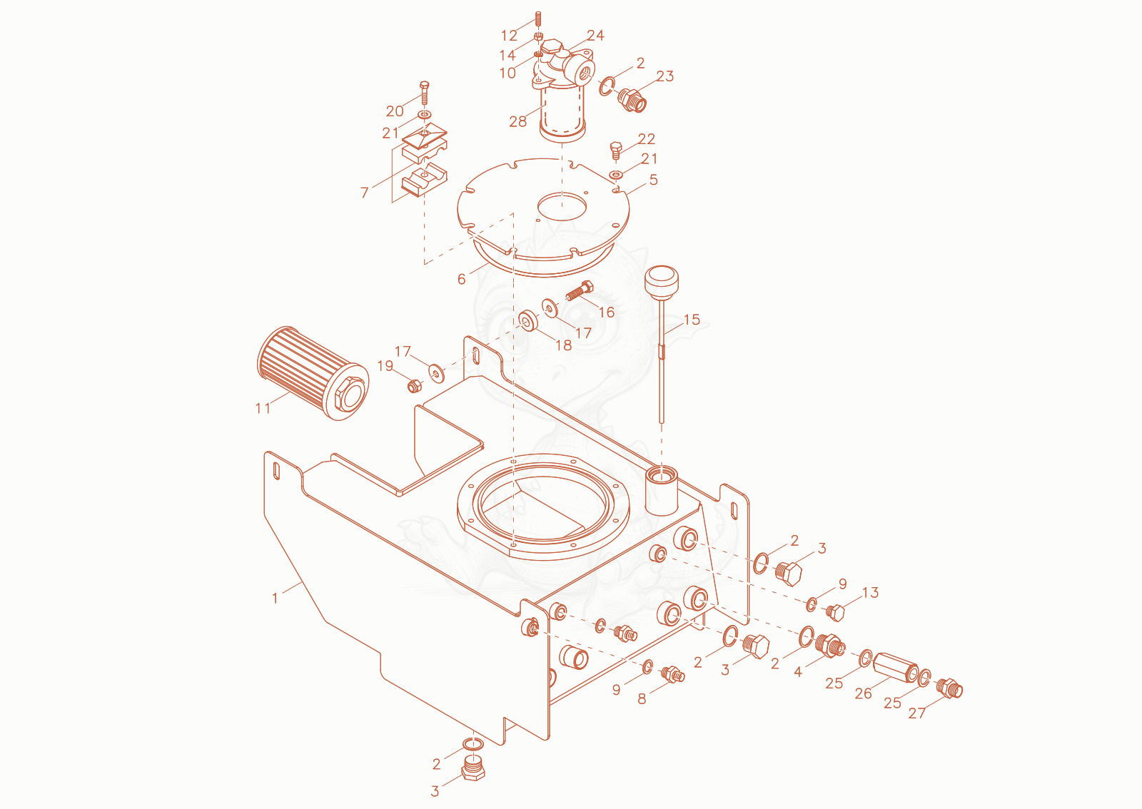 Exploded parts diagram of the hydraulic tank of a Wacker Neuson DT12P, with numbered balloons
