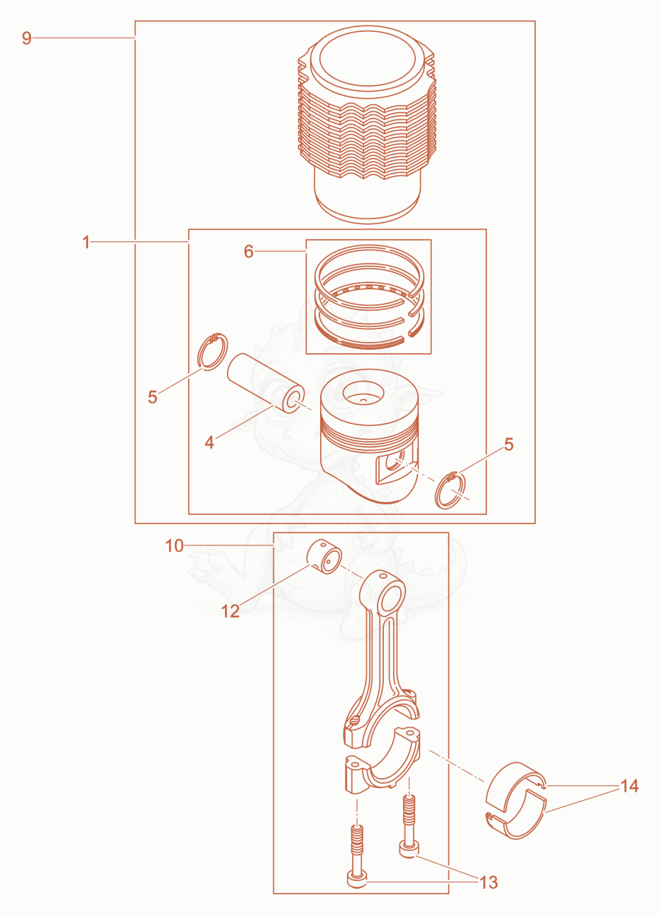 Exploded parts diagram of the Piston, Connecting rod,Cylinder of a Wacker Neuson DPU6555HECSH, with numbered balloons