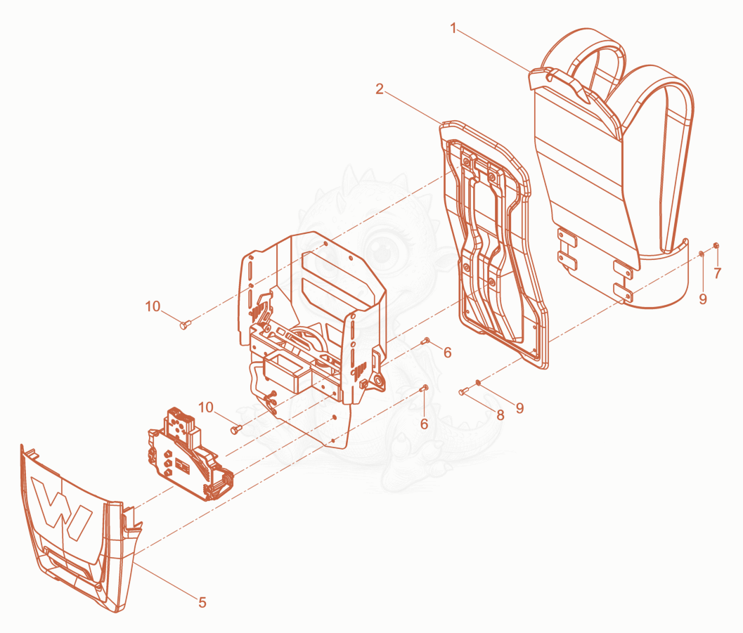 Exploded parts diagram of the Battery-Converter-Backpack of a Wacker Neuson ACBE, with numbered balloons