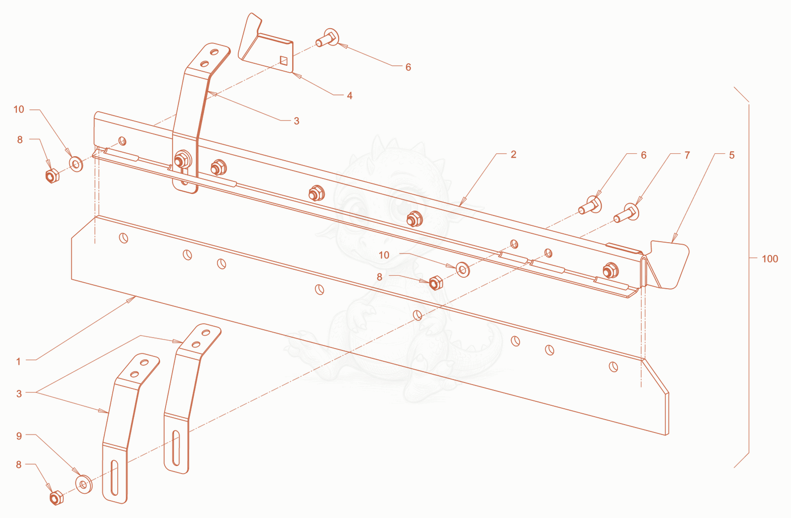 Exploded parts diagram of the scraper of a Wacker Neuson RD18-100.3, with numbered balloons