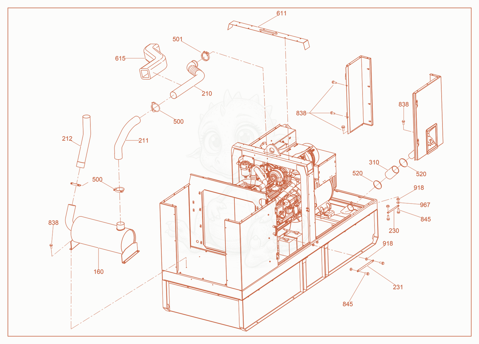 Exploded parts diagram of the Rear Panels/Muffler of a Wacker Neuson G150, with numbered balloons