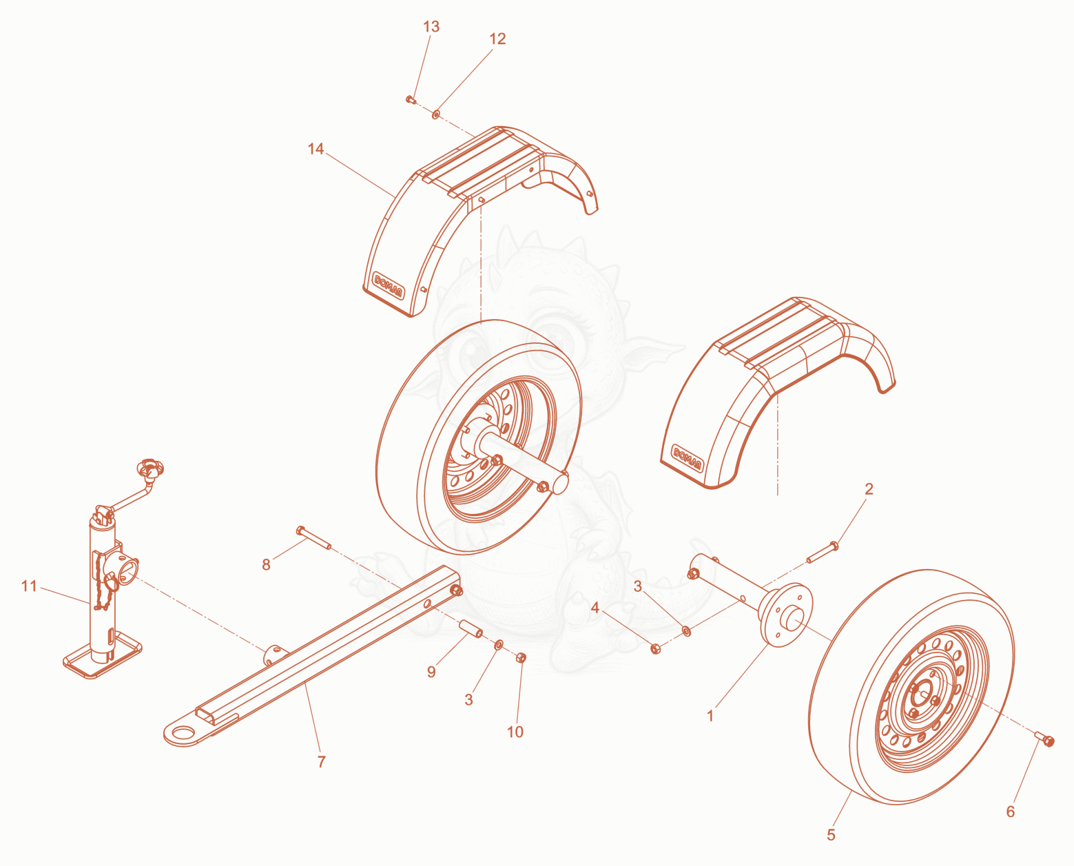 Exploded parts diagram of the Trailer of a Wacker Neuson LTN4YME, with numbered balloons
