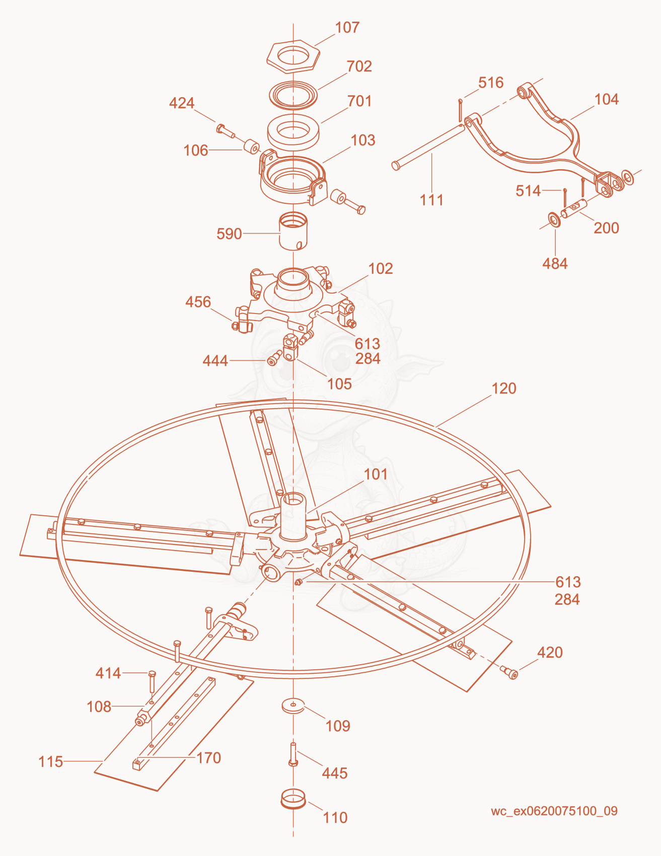 Exploded parts diagram of the Blade Mechanism-Right of a Wacker Neuson CRT48-37V, with numbered balloons