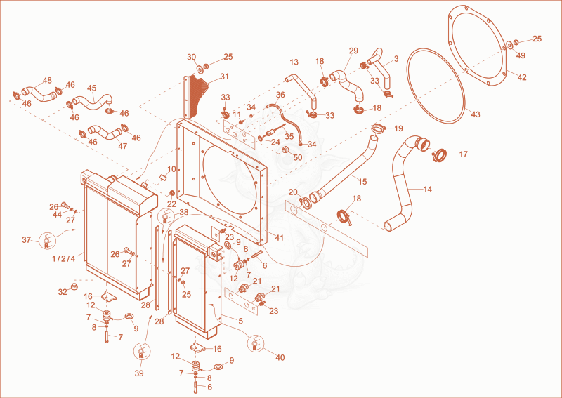 Exploded parts diagram of the combicooler of a Wacker Neuson DW50, with numbered balloons