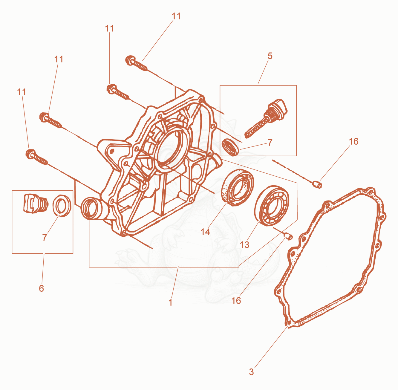 Exploded parts diagram of the Crankcase Cover of a Wacker Neuson PDT3A, with numbered balloons