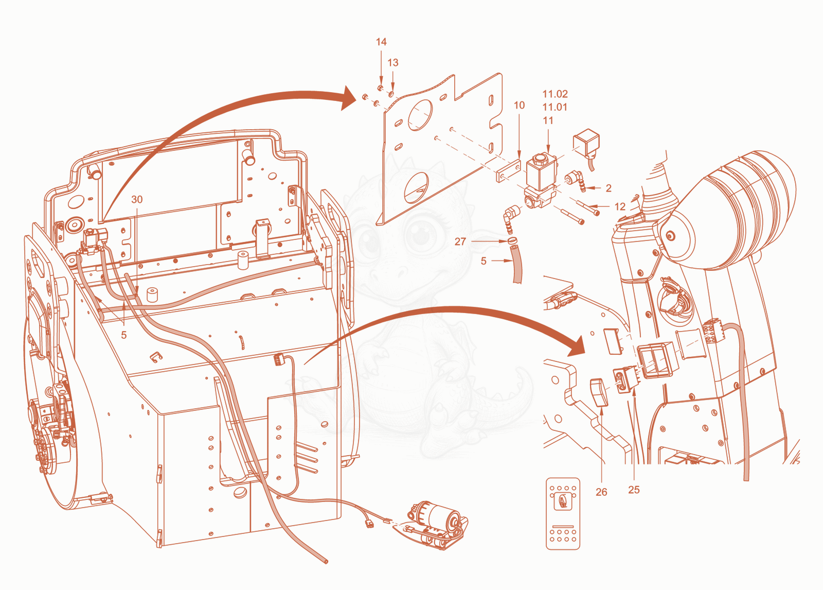 Exploded parts diagram of the edge pressing and cuttingdevice of a Wacker Neuson RD40-130CDPF, with numbered balloons