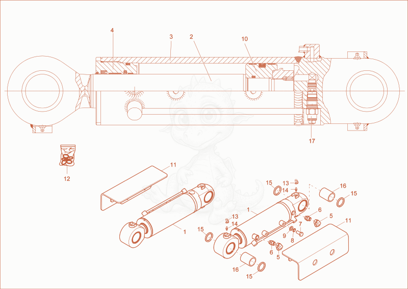 Exploded parts diagram of the blade cylinder of a Wacker Neuson ET145, with numbered balloons