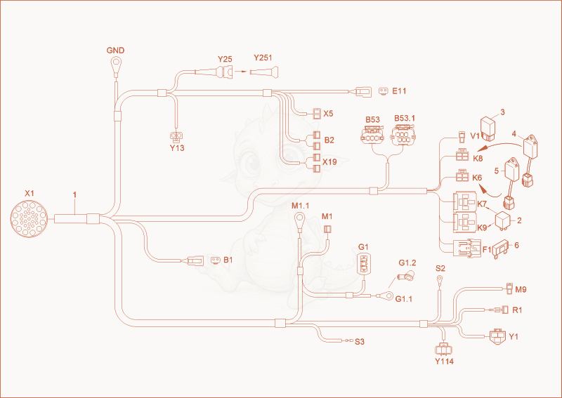 Exploded parts diagram of the wiring harness engine of a Wacker Neuson 1404, with numbered balloons