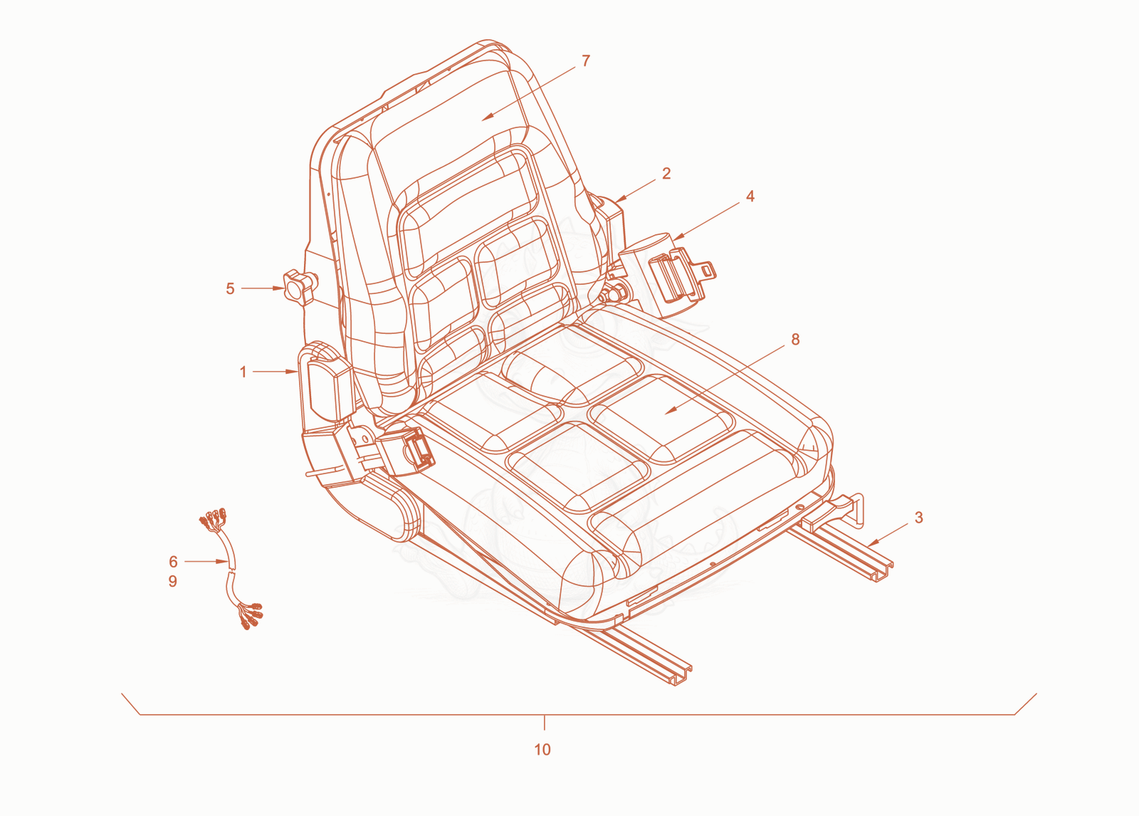 Exploded parts diagram of the operator's seat with adjustment of a Wacker Neuson RD18-100.3, with numbered balloons