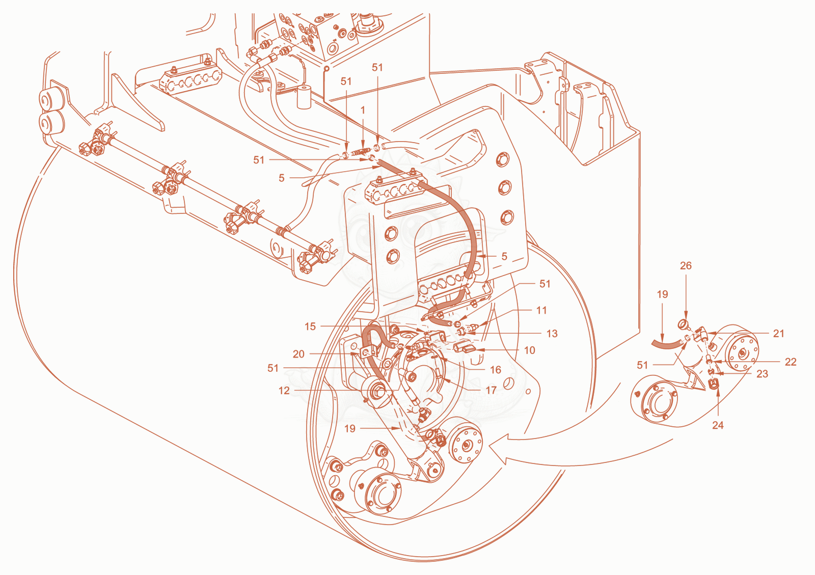 Exploded parts diagram of the edge pressing and cuttingdevice of a Wacker Neuson RD40-130DPF, with numbered balloons