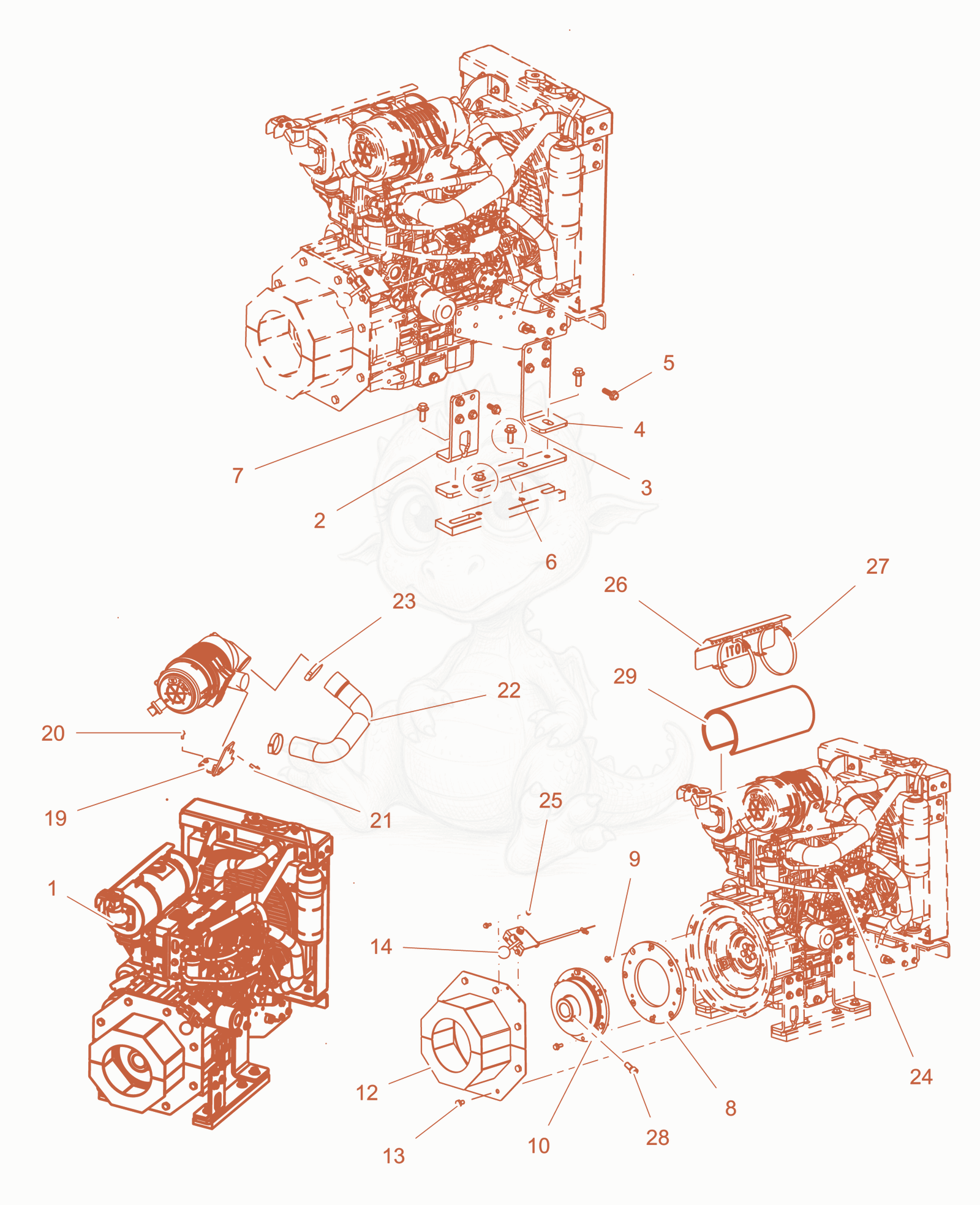 Exploded parts diagram of the Engine cpl. of a Wacker Neuson PT6Y-SA, with numbered balloons