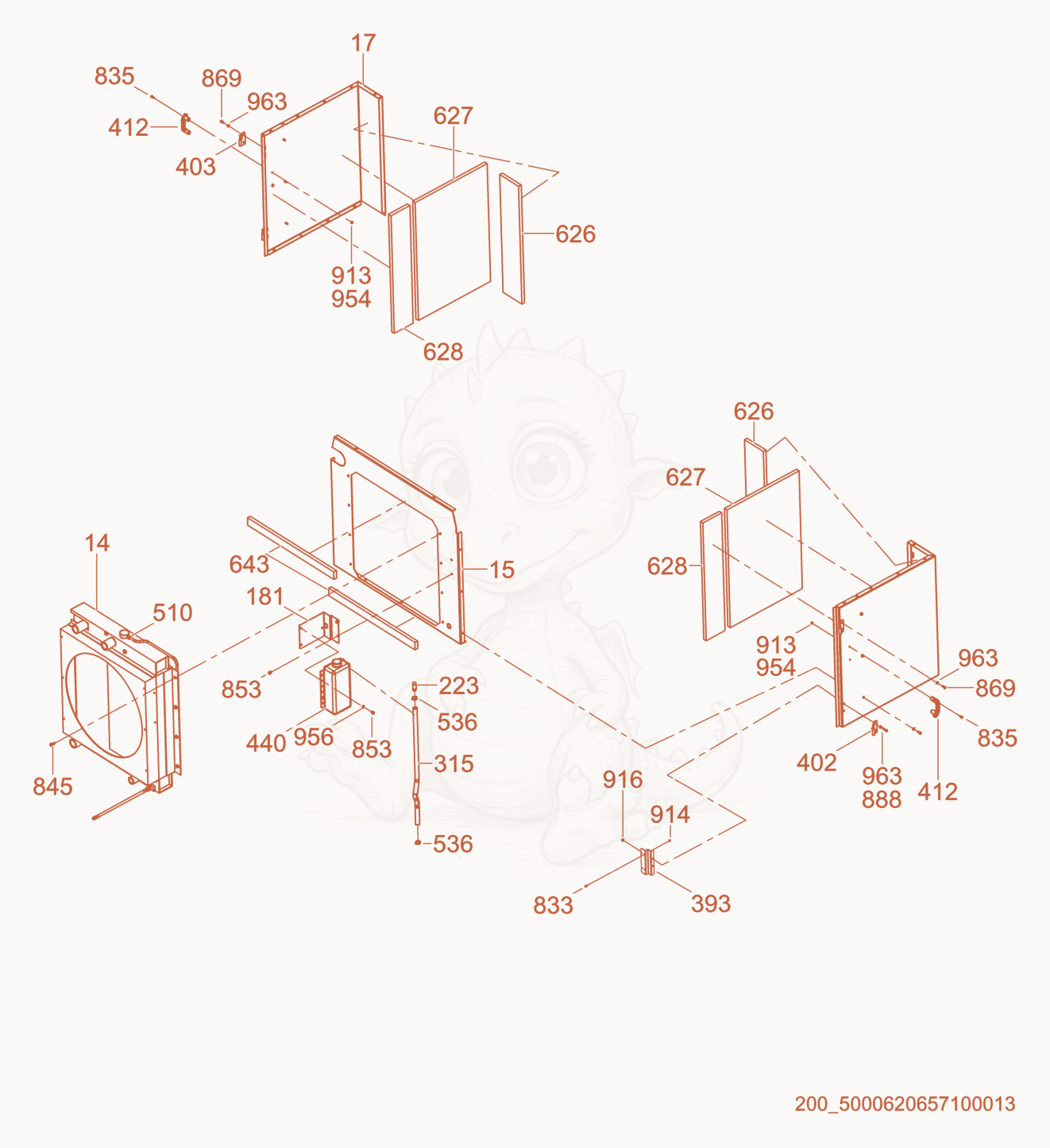 Exploded parts diagram of the Front Enclosure/Radiator of a Wacker Neuson G180, with numbered balloons